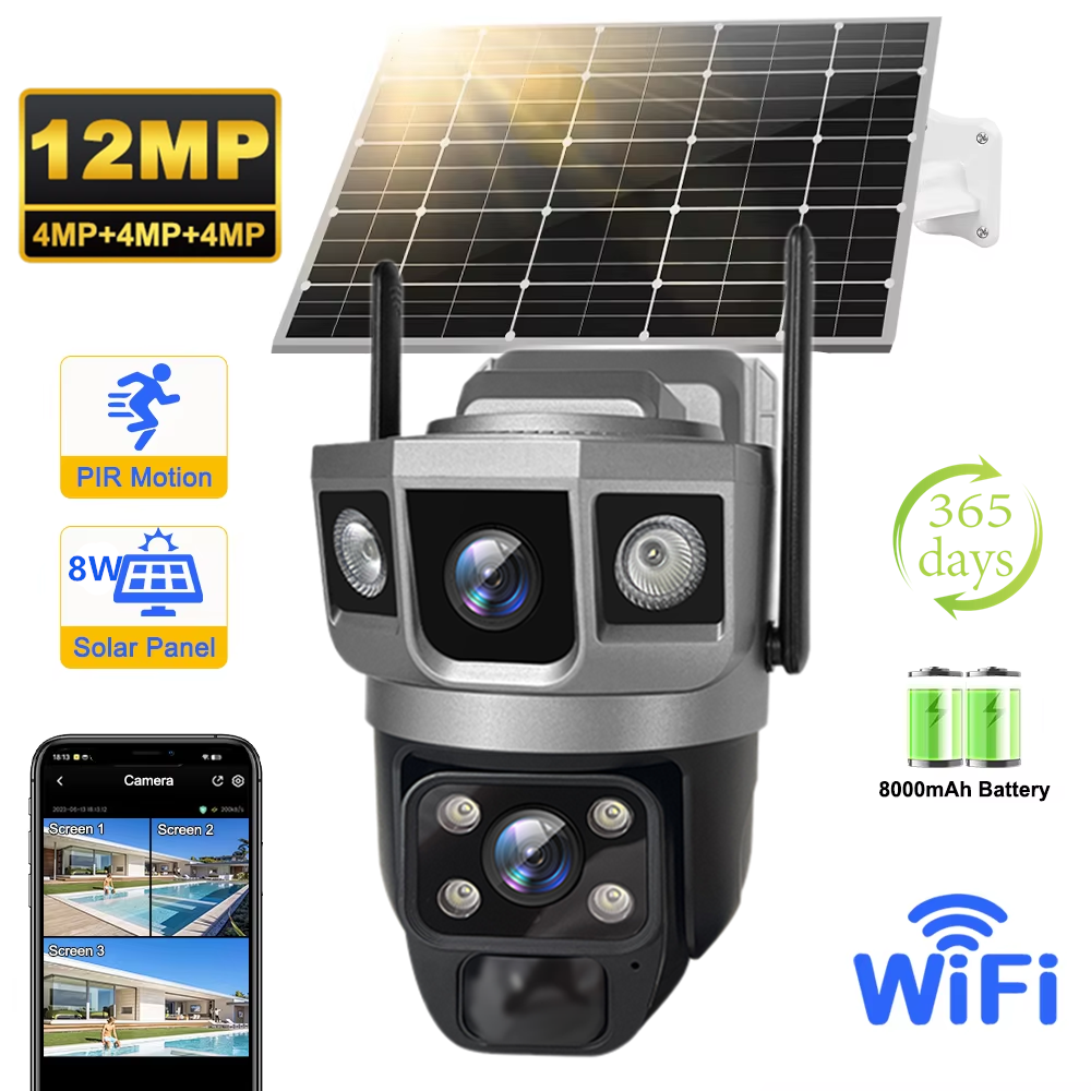 Bilişim Burada V380 Pro 12MP Güneş WIFI IP Kamera CCTV İki Lens Üç Ekran Otomatik Takip Dış Mekan 6K Güvenlik Gözetleme PTZ Kamera